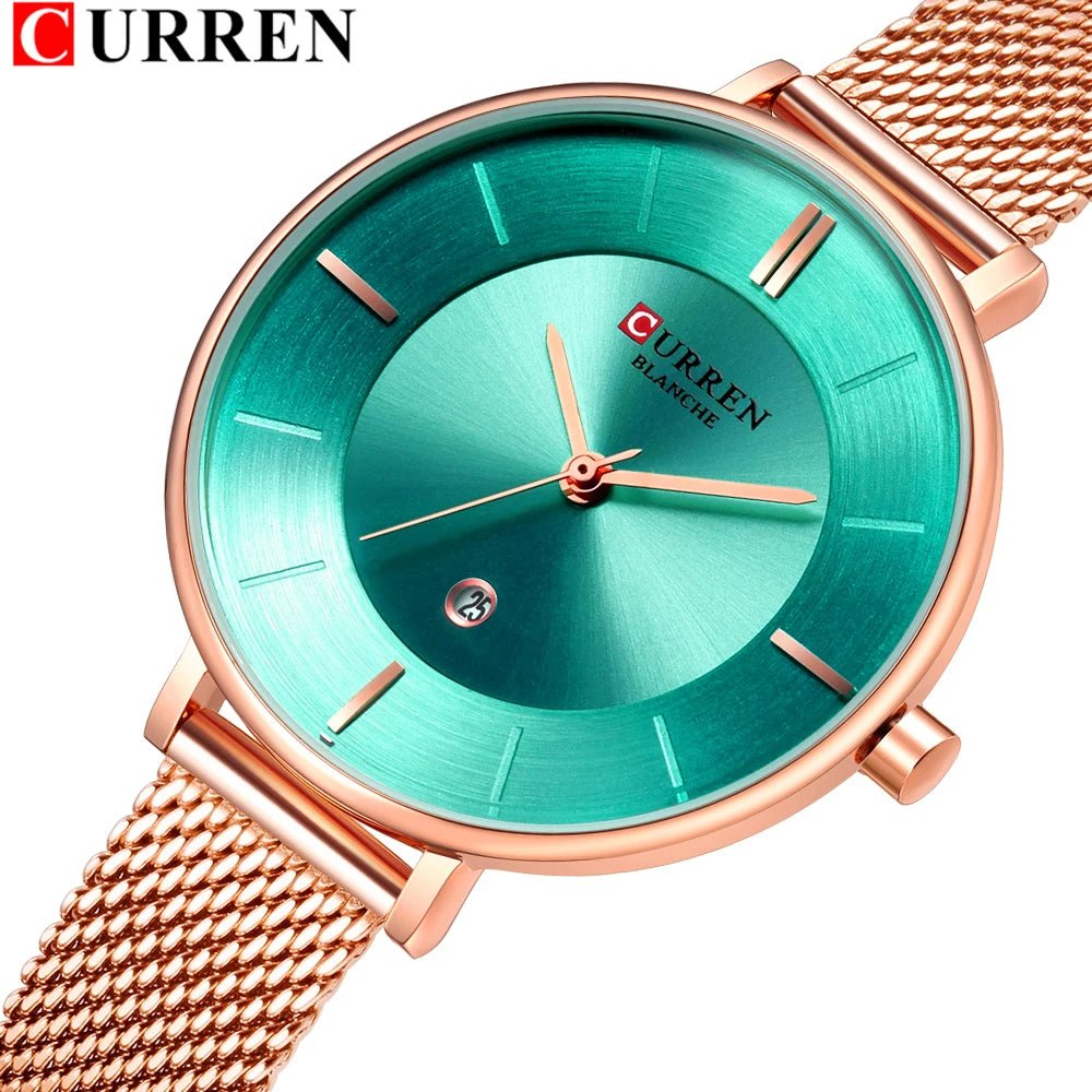 C9037L Curren Green Dial Rose-gold Stainless Chain Steel Analog Quartz Women's Watch. - Timecheck