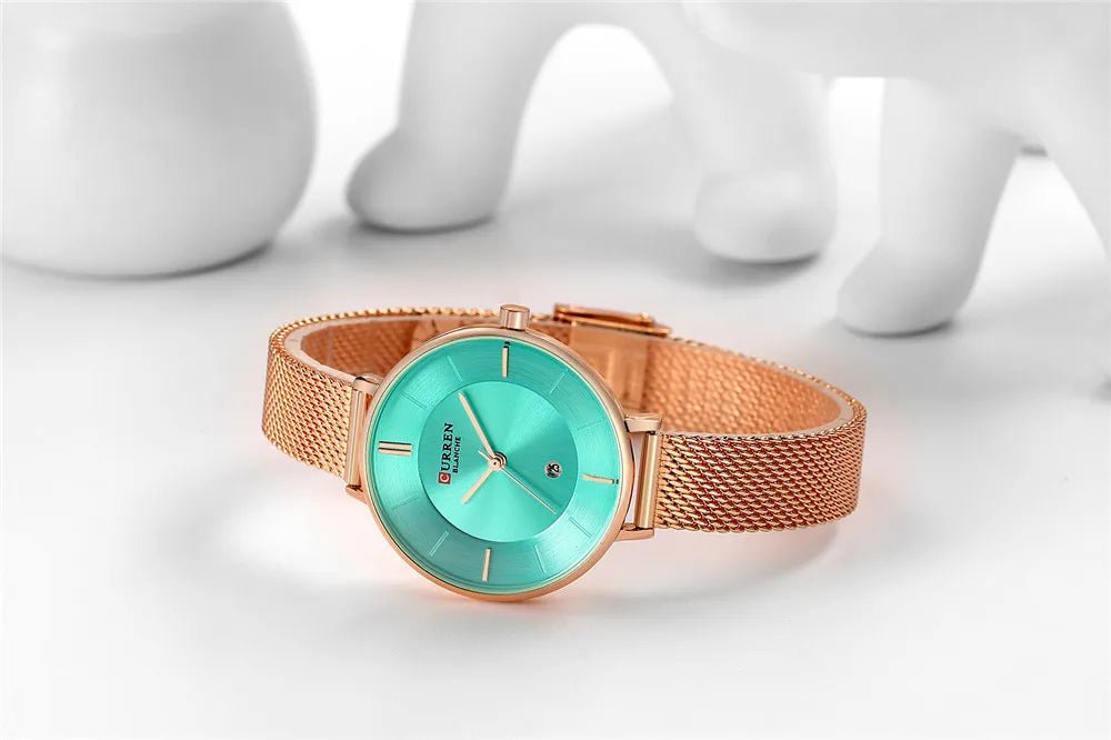 C9037L Curren Green Dial Rose-gold Stainless Chain Steel Analog Quartz Women's Watch. - Timecheck