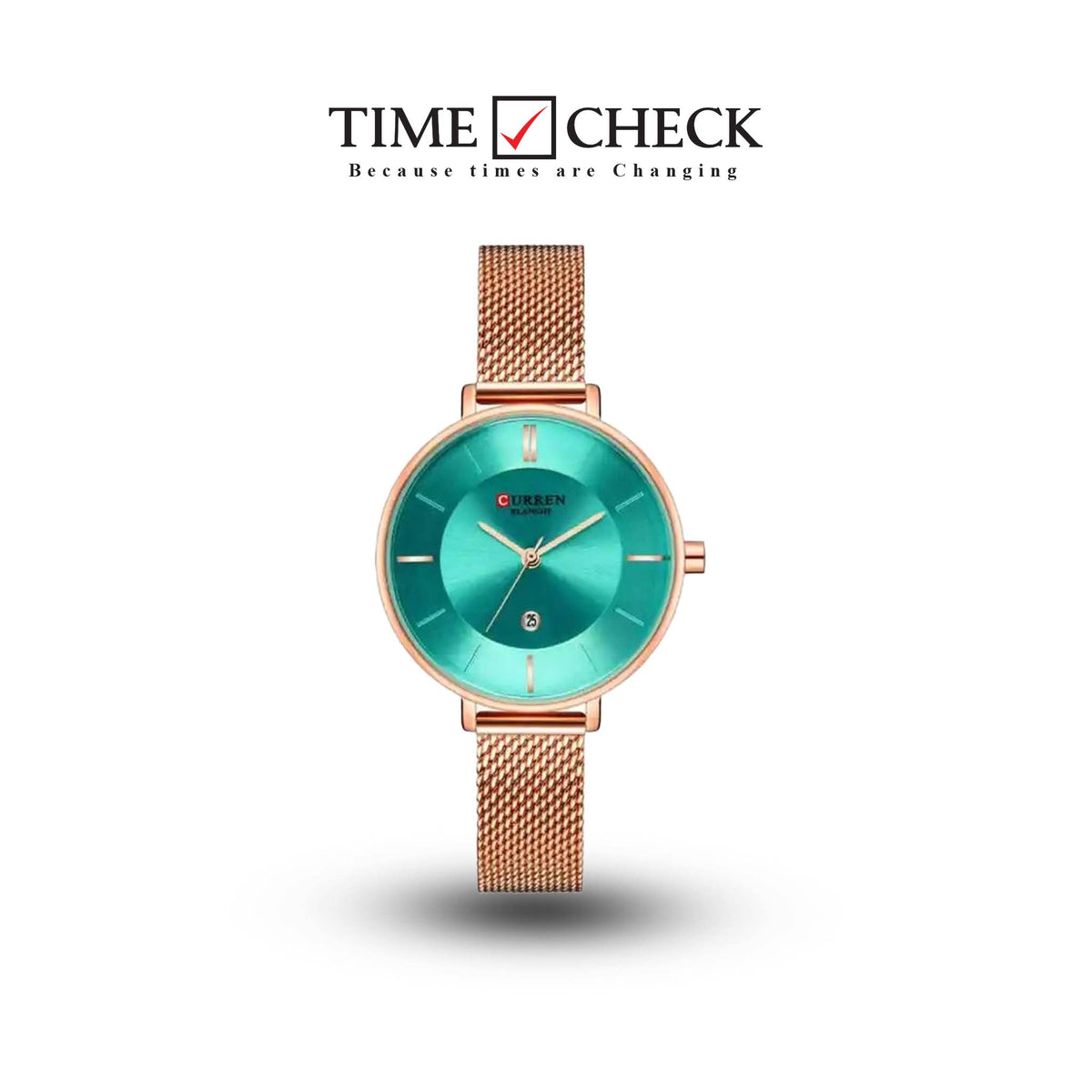 C9037L Curren Green Dial Rose-gold Stainless Chain Steel Analog Quartz Women's Watch. - Timecheck