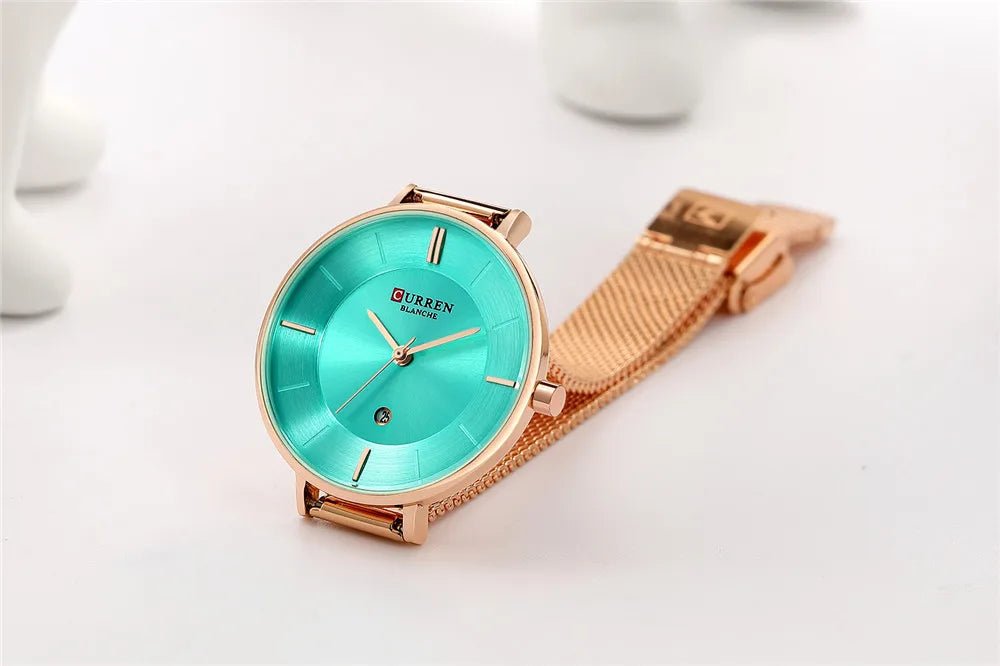 C9037L Curren Green Dial Rose-gold Stainless Chain Steel Analog Quartz Women's Watch. - Timecheck
