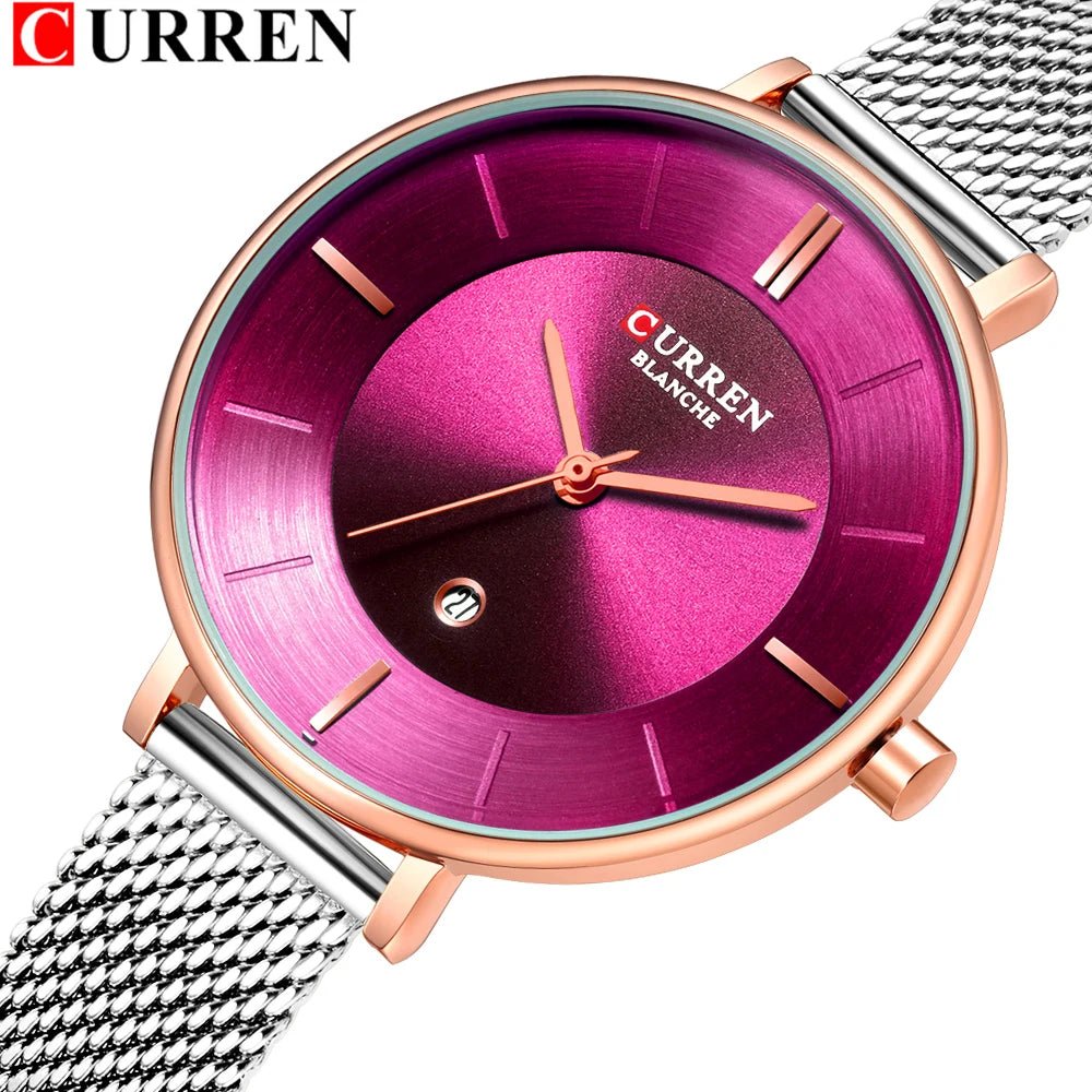C9037L Curren Pink Dial Silver Stainless Chain Steel Analog Quartz Women's Watch. - Timecheck