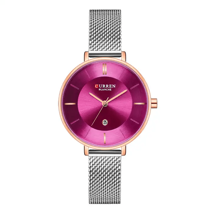 C9037L Curren Pink Dial Silver Stainless Chain Steel Analog Quartz Women's Watch. - Timecheck