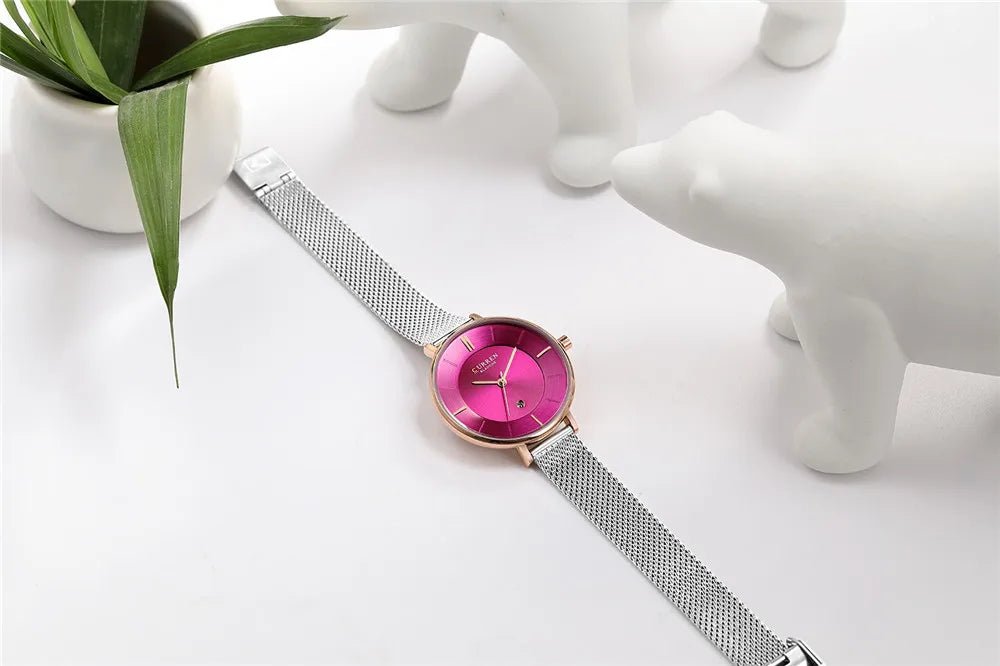 C9037L Curren Pink Dial Silver Stainless Chain Steel Analog Quartz Women's Watch. - Timecheck