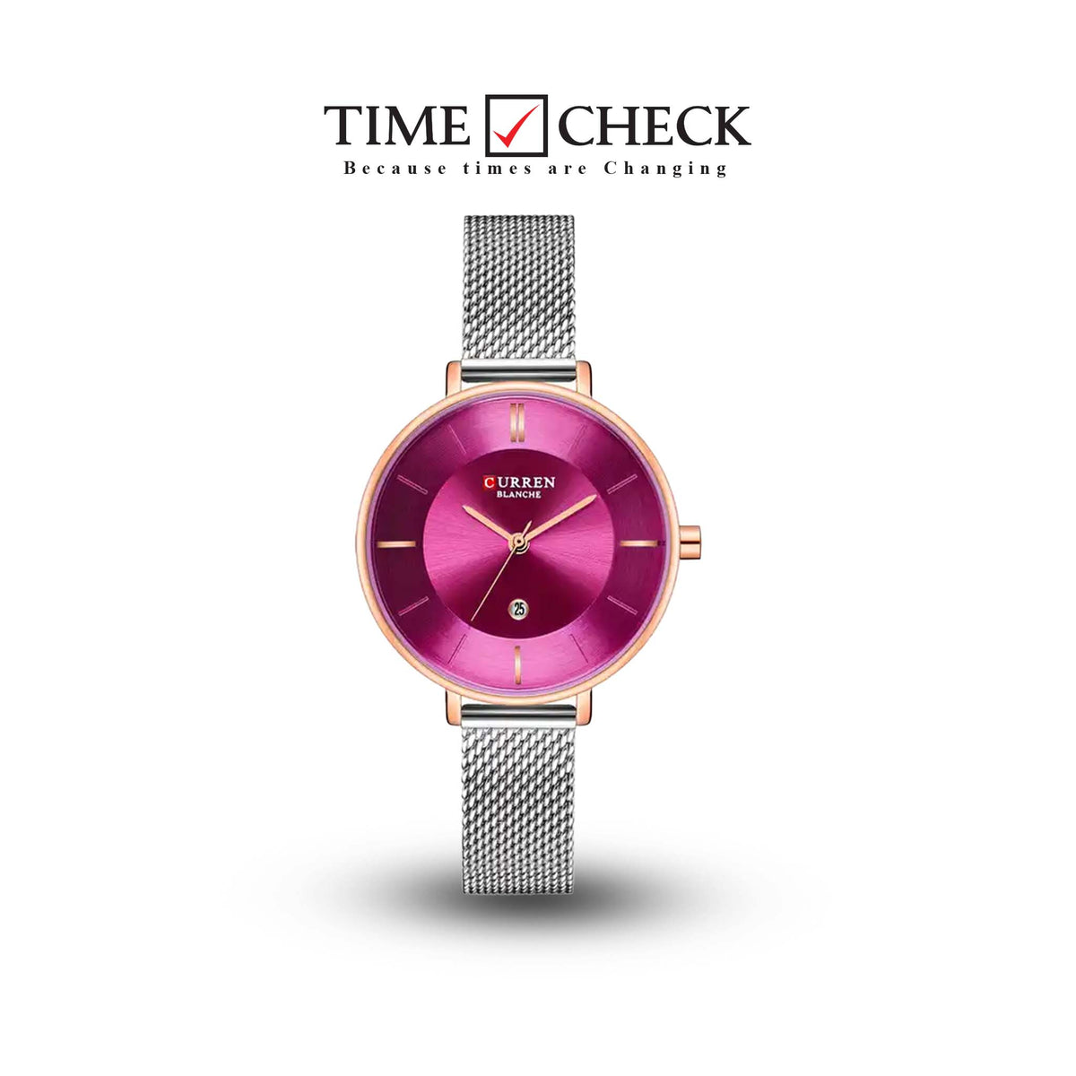 C9037L Curren Pink Dial Silver Stainless Chain Steel Analog Quartz Women's Watch. - Timecheck