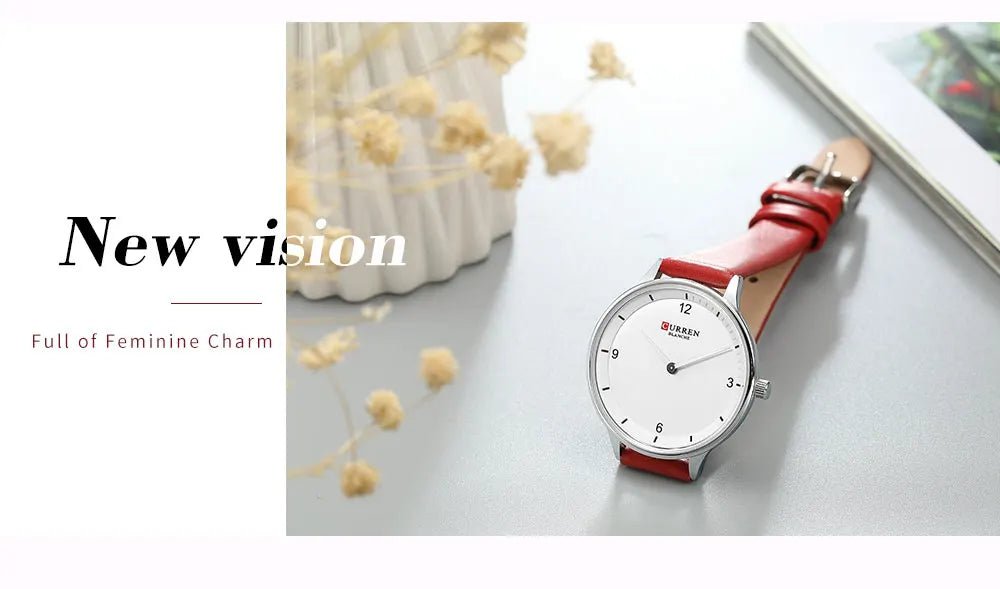 C9039L Curren White Dial Red Leather Strap Analog Quartz Women's Watch. - Timecheck