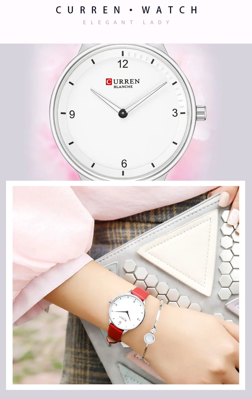 C9039L Curren White Dial Red Leather Strap Analog Quartz Women's Watch. - Timecheck