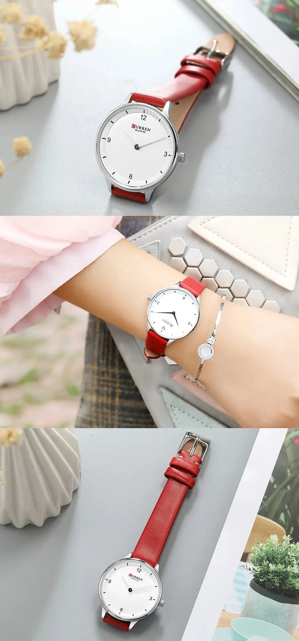 C9039L Curren White Dial Red Leather Strap Analog Quartz Women's Watch. - Timecheck