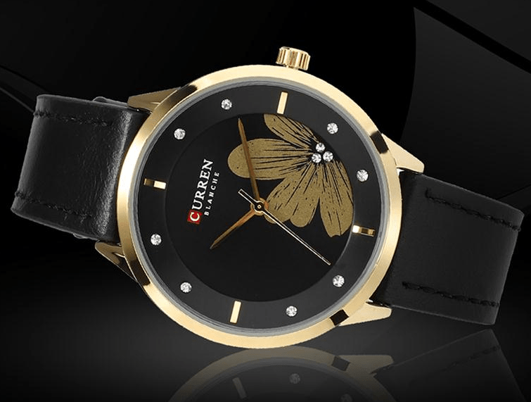 C9048L Curren Black Dial Black Leather Strap Analog Quartz Women's Watch. - Timecheck