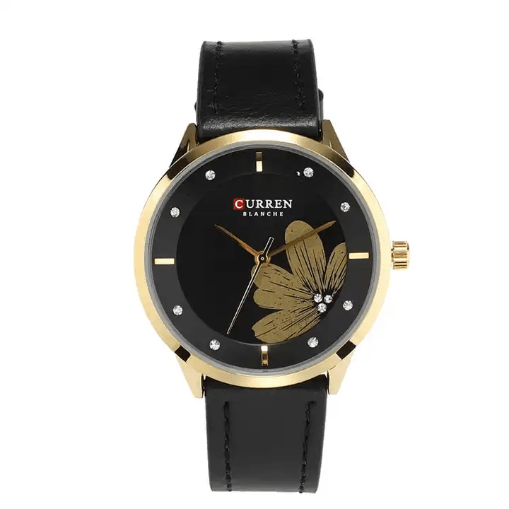 C9048L Curren Black Dial Black Leather Strap Analog Quartz Women's Watch. - Timecheck