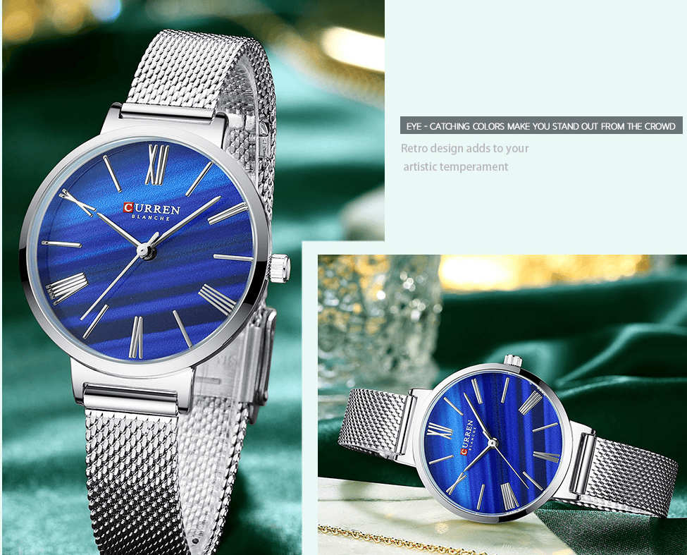 C9076L Curren Blue Dial Silver Stainless Steel Band Analog Quartz Women's Watch. - Timecheck