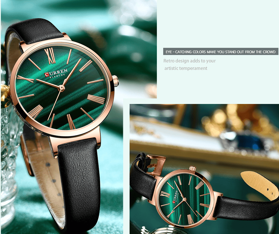 C9076L Curren Green Dial Black Leather Strap Analog Quartz Women's Watch. - Timecheck