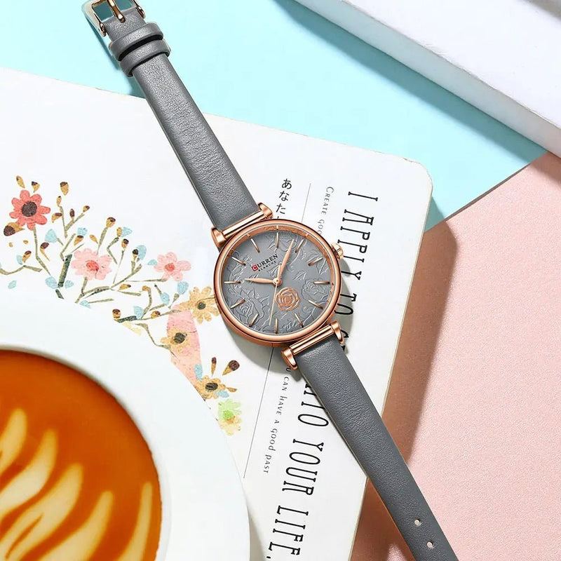 C9078L Curren Grey Dial grey Leather Strap Analog Quartz Women's Watch. - Timecheck