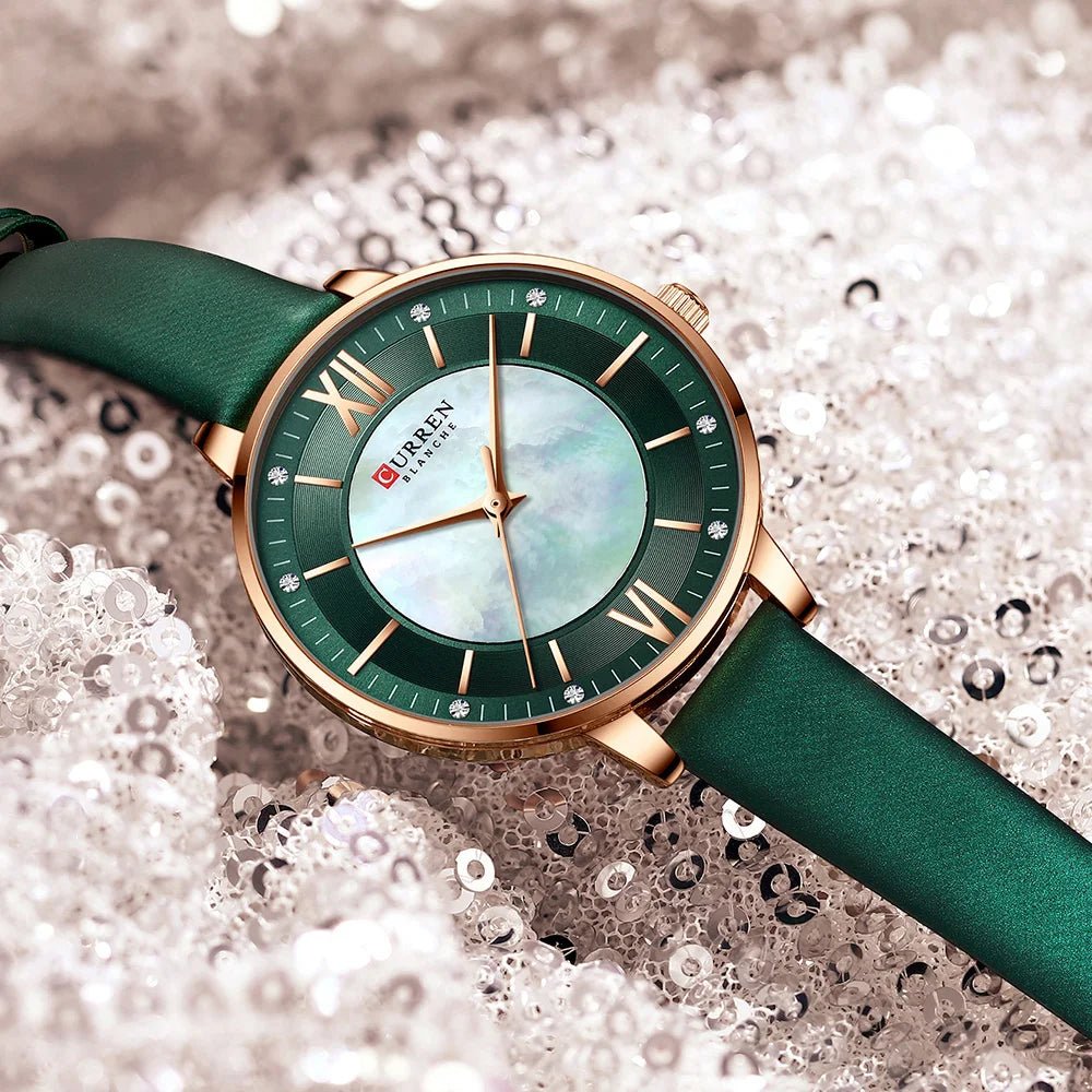 C9080L Curren Green Dial Green Leather Strap Analog Quartz Women's Watch. - Timecheck