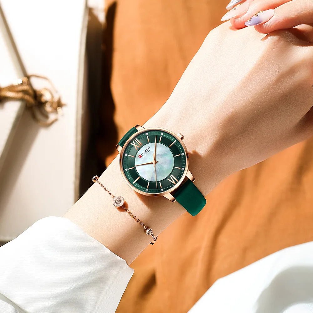C9080L Curren Green Dial Green Leather Strap Analog Quartz Women's Watch. - Timecheck