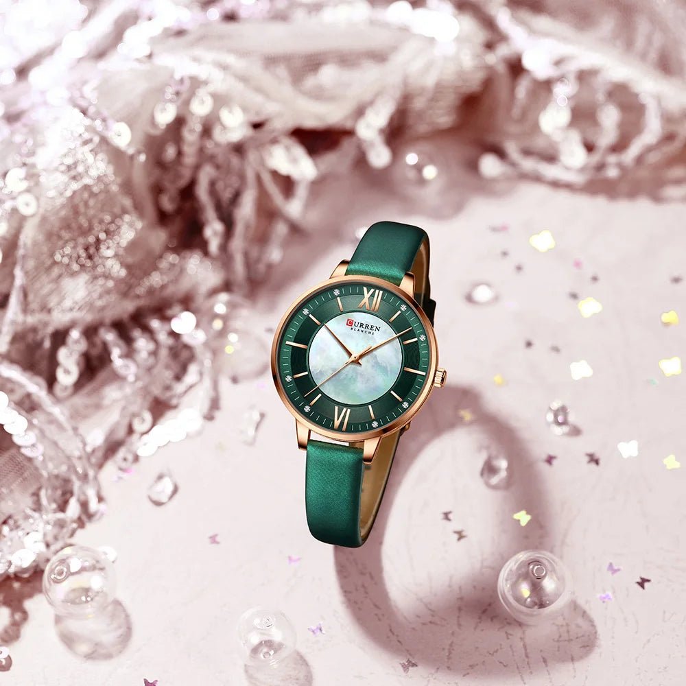 C9080L Curren Green Dial Green Leather Strap Analog Quartz Women's Watch. - Timecheck