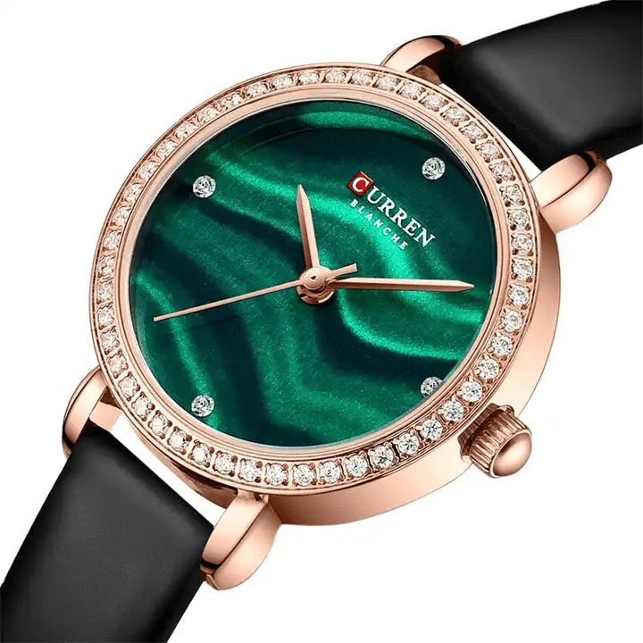 C9083L Curren Green Dial Black Leather Strap Analog Quartz Women's Watch. - Timecheck