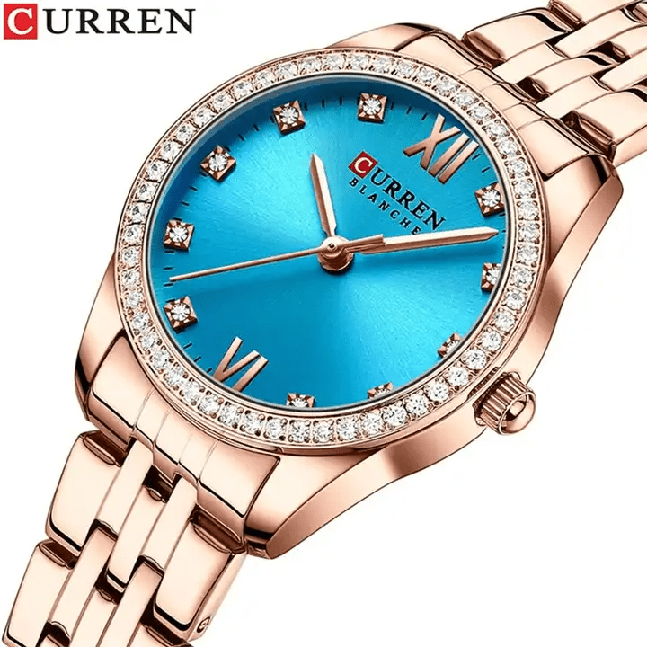 C9086L Curren Aqua Dial Rose-gold Stainless Steel Chain Analog Quartz Women's Watch. - Timecheck