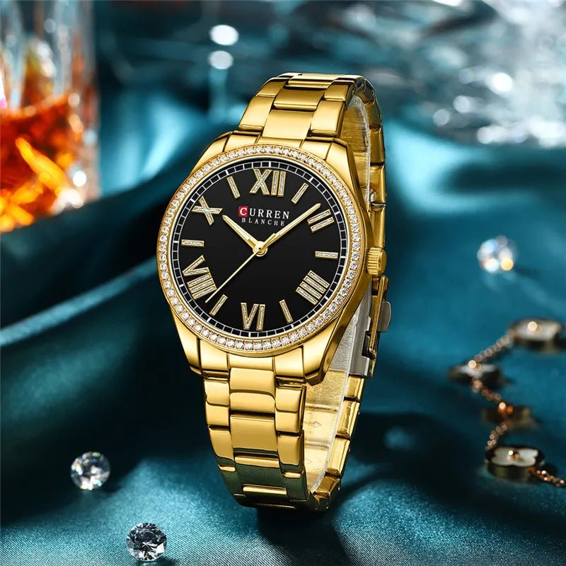 C9088L Curren Black Dial Golden Stainless Steel Chain Analog Quartz Women's Watch. - Timecheck