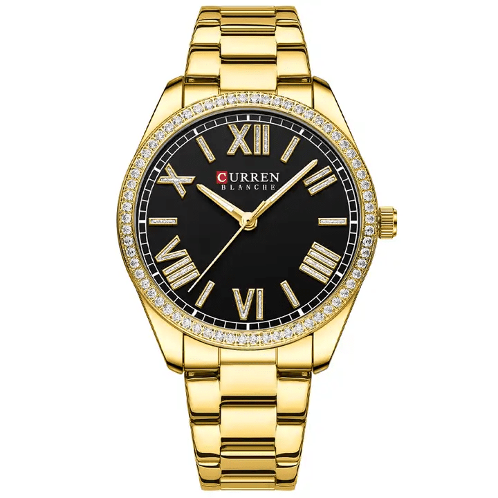 C9088L Curren Black Dial Golden Stainless Steel Chain Analog Quartz Women's Watch. - Timecheck