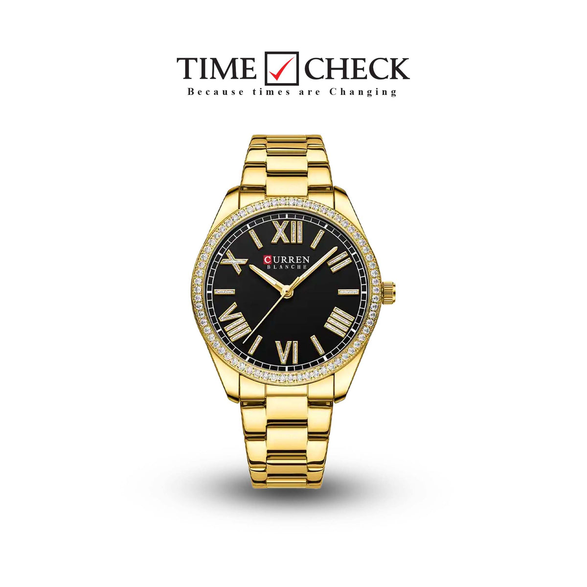 C9088L Curren Black Dial Golden Stainless Steel Chain Analog Quartz Women's Watch. - Timecheck