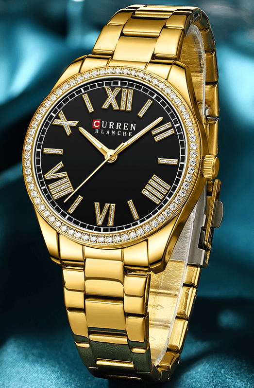 C9088L Curren Black Dial Golden Stainless Steel Chain Analog Quartz Women's Watch. - Timecheck