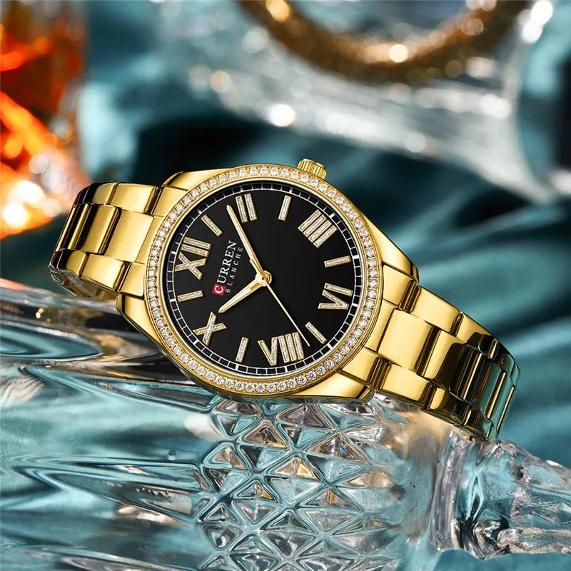 C9088L Curren Black Dial Golden Stainless Steel Chain Analog Quartz Women's Watch. - Timecheck