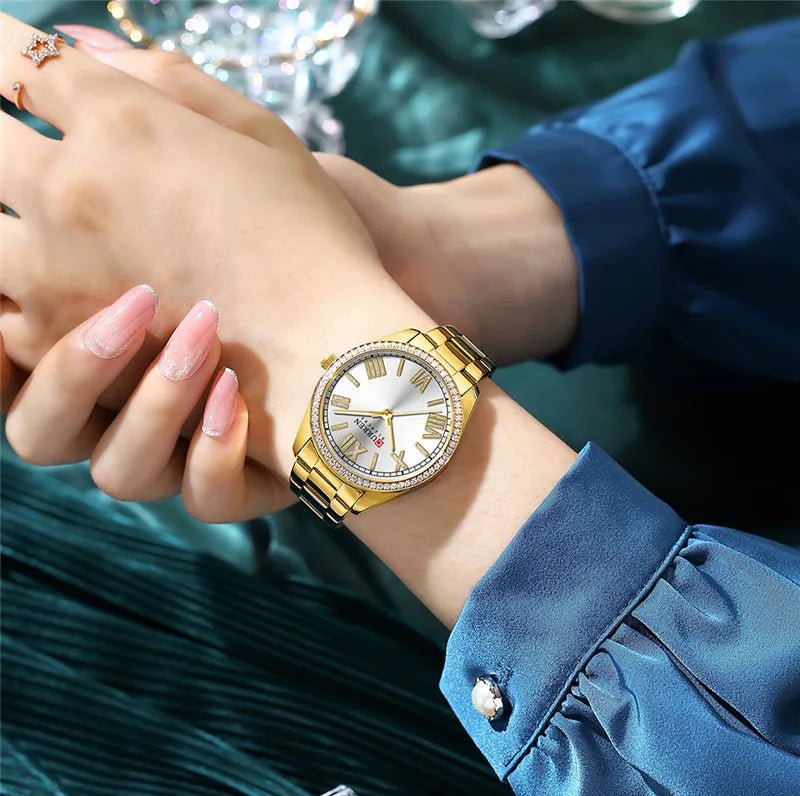 C9088L Curren Silver Dial Golden Stainless Steel Chain Analog Quartz Women's Watch. - Timecheck