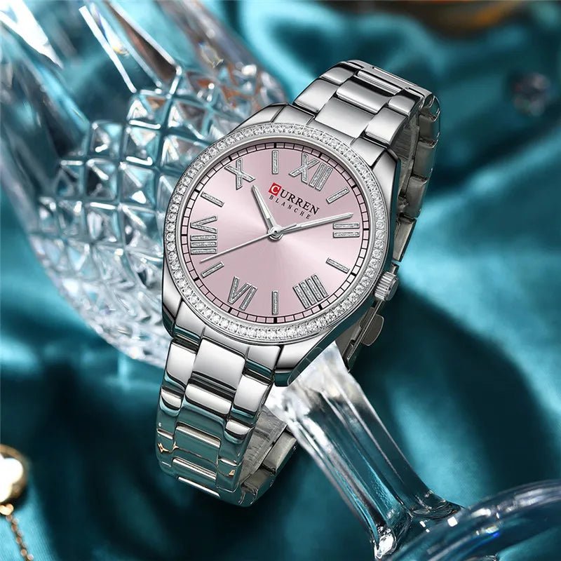 C9088L Curren Silver pink Dial Silver Stainless Steel Chain Analog Quartz Women's Watch. - Timecheck