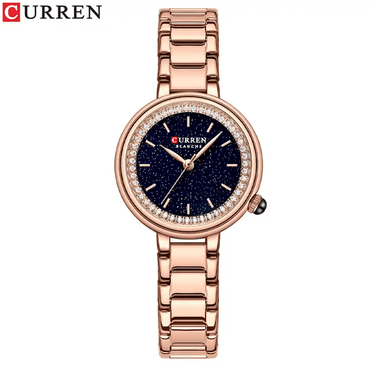 C9089L Curren Black Dial Rose-gold Stainless Chain Steel Analog Quartz Women's Watch. - Timecheck