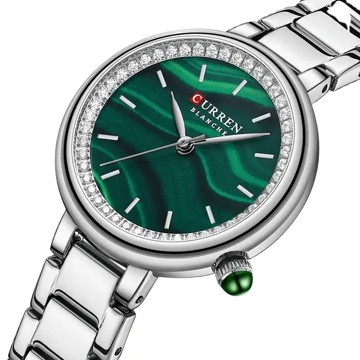 C9089L Curren Green Dial Silver Stainless Chain Steel Analog Quartz Women's Watch. - Timecheck