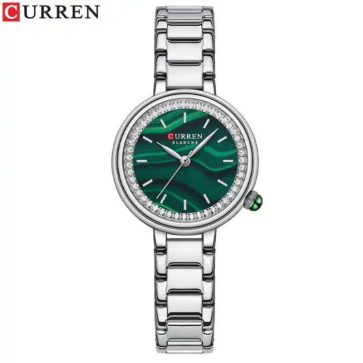 C9089L Curren Green Dial Silver Stainless Chain Steel Analog Quartz Women's Watch. - Timecheck
