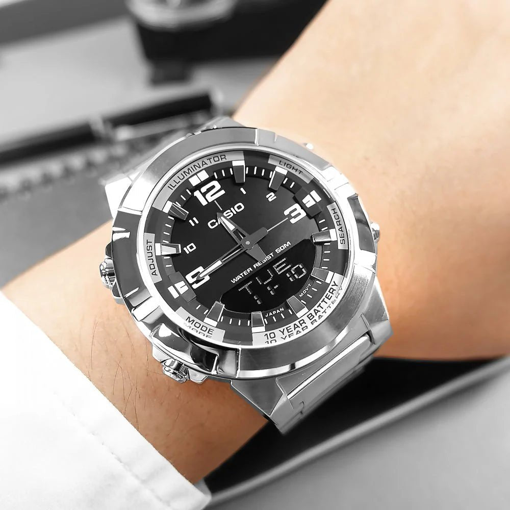 Casio AMW-870D-1AVDF Illuminator Analog Digital World Time Stainless Steel Men's Watch. - Timecheck