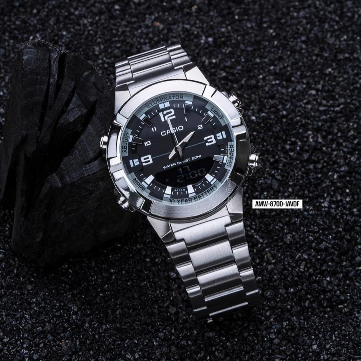 Casio AMW-870D-1AVDF Illuminator Analog Digital World Time Stainless Steel Men's Watch. - Timecheck