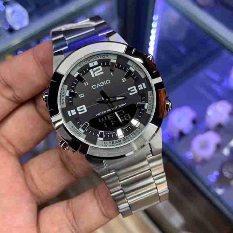 Casio AMW-870D-1AVDF Illuminator Analog Digital World Time Stainless Steel Men's Watch. - Timecheck