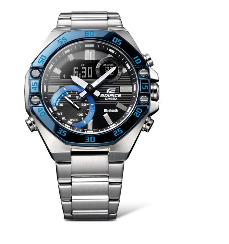 Casio Edifice Mens Watch – ECB-10DB-1BDF black Dial Silver Stainless Steel Chain Analog+DIGITAL Men's Watch. - Timecheck