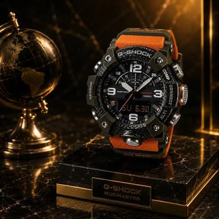 Casio G-Shock Mudmaster GG-B100-1A9DR vibrant orange band with Carbon Core Guard structure and analog-digital dial