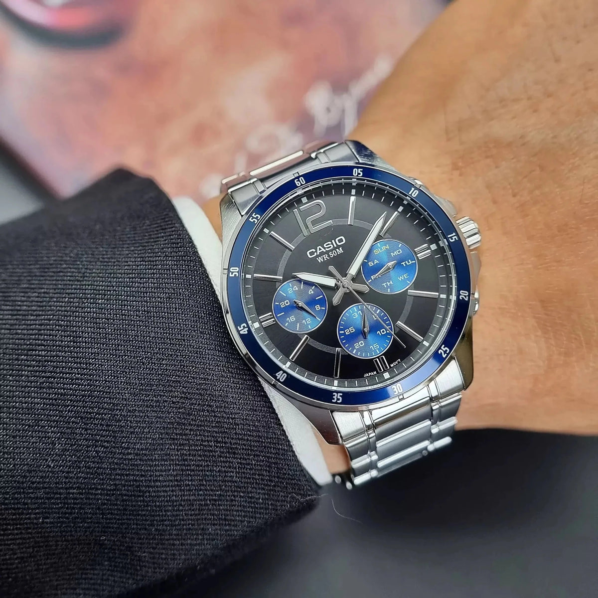 Casio MTP-1374D-2AVDF Blue Dial Stainless Steel Chain Multi Function Analog Men's Watch. - Timecheck