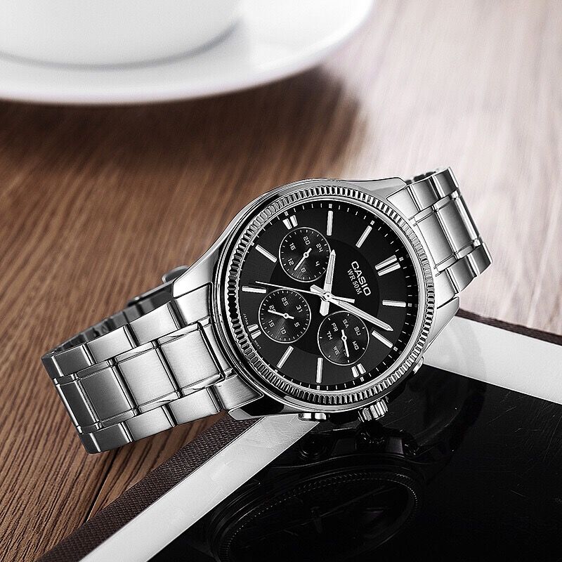 Casio MTP-1375D-1AVDF Black Dial 3 Dial Display Stainless Steel Analog Men's Watch. - Timecheck