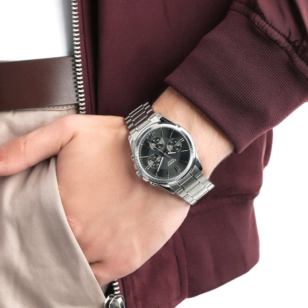Casio MTP-1375D-1AVDF Black Dial 3 Dial Display Stainless Steel Analog Men's Watch. - Timecheck