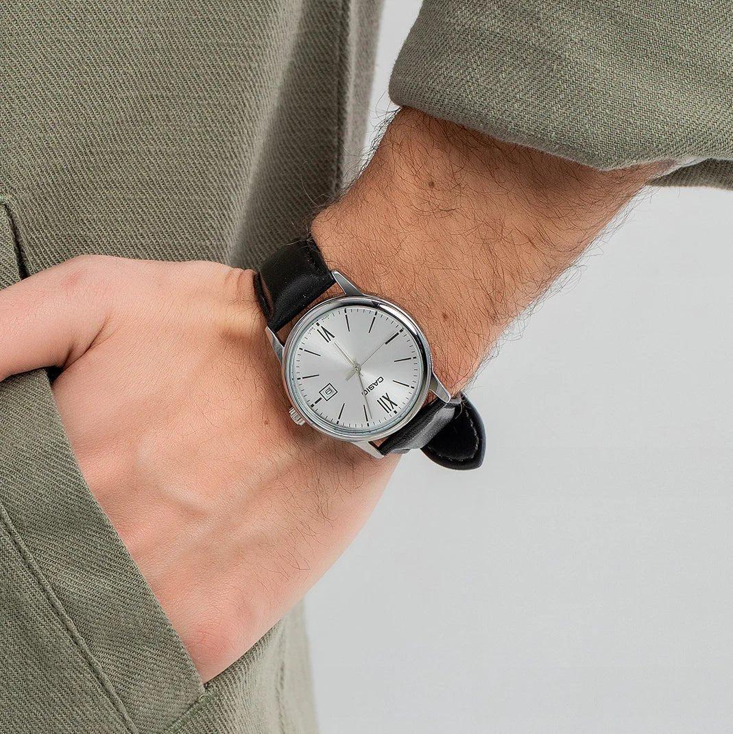 Casio Silver Dial Black Leather Strap MTP-V002L-7B3UDF Analog Quartz Men's Watch. - Timecheck