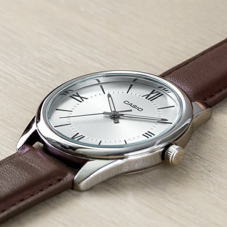 Casio Silver Dial MTP-V005L-7B5UDF Brown Leather Strap Analog Quartz Men's Watch. - Timecheck