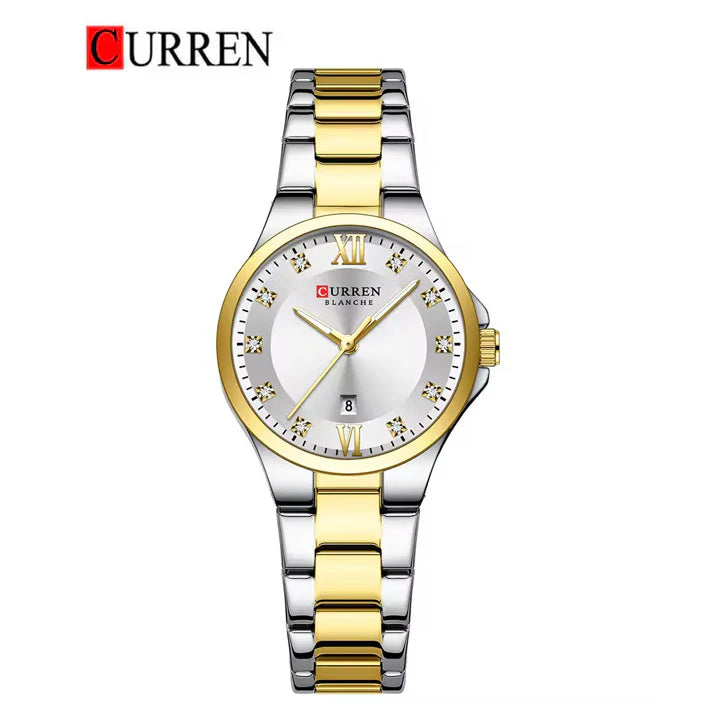 C-9107L Curren White Dial & Golden Silver Stainless Steel Chain Analog Quartz Women's Watch.
