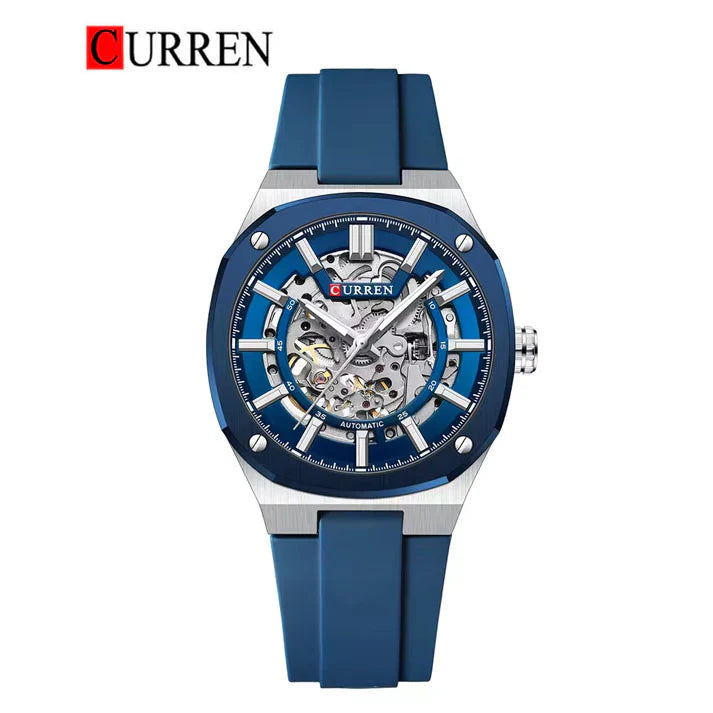 M-8485 Curren Blue Dial Silver Body Blue Silicone Strap Automatic Self-Wind Men's Watch With Box & Bag