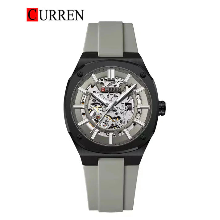 M-8485 Curren Grey Dial Black Body Grey Silicone Strap Automatic Self-Wind Men's Watch With Box & Bag