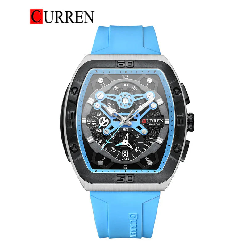 M:8442 Curren Blue Dial Blue Silicone Strap Chronograph Analog Quartz Men's Watch.