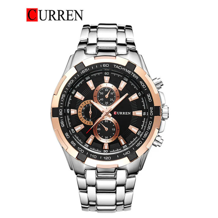 M:8023 Curren Black Dial Rose Silver Steel Chain Analog Quartz Watch WITH BOX & BAG