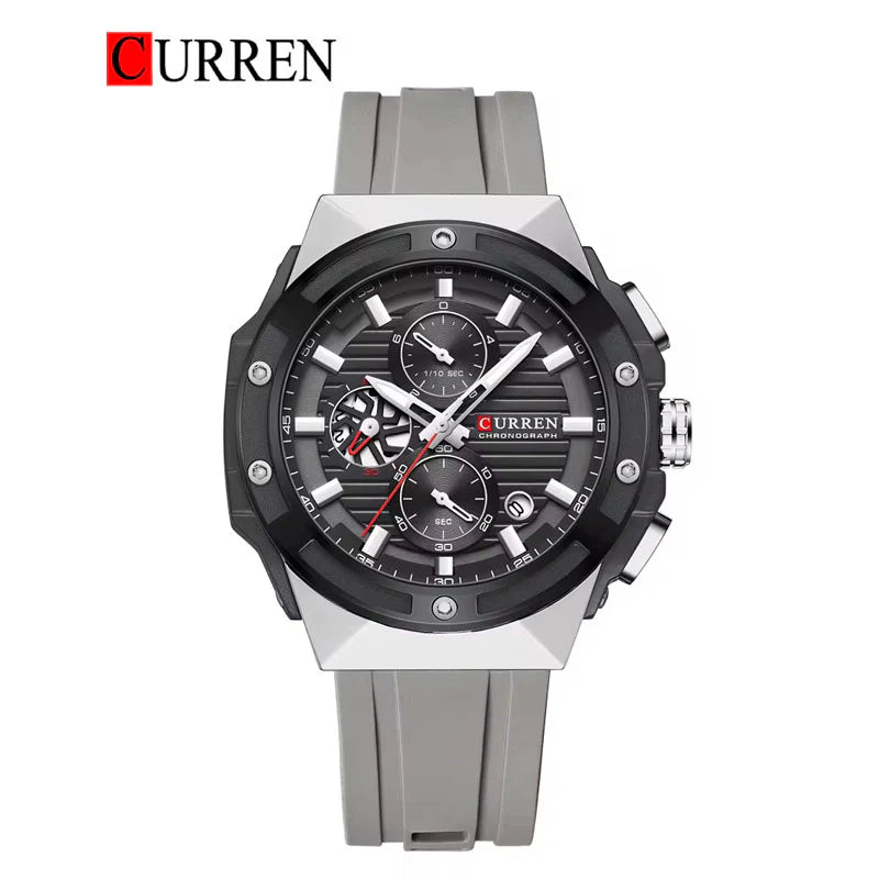 M8462 CURREN Black Dial Silver Body Grey Silicone Strap Original Wrist Watch For Men