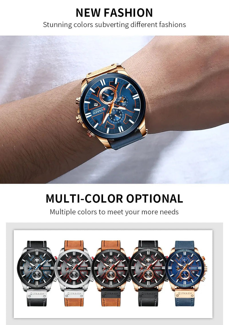 Curren 8346 Blue Dial Blue Leather Strap Chronograph Analog Quartz Men's Watch. - Timecheck
