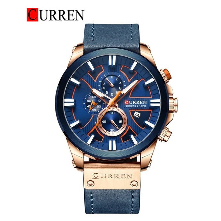 Curren 8346 Blue Dial Blue Leather Strap Chronograph Analog Quartz Men's Watch. - Timecheck