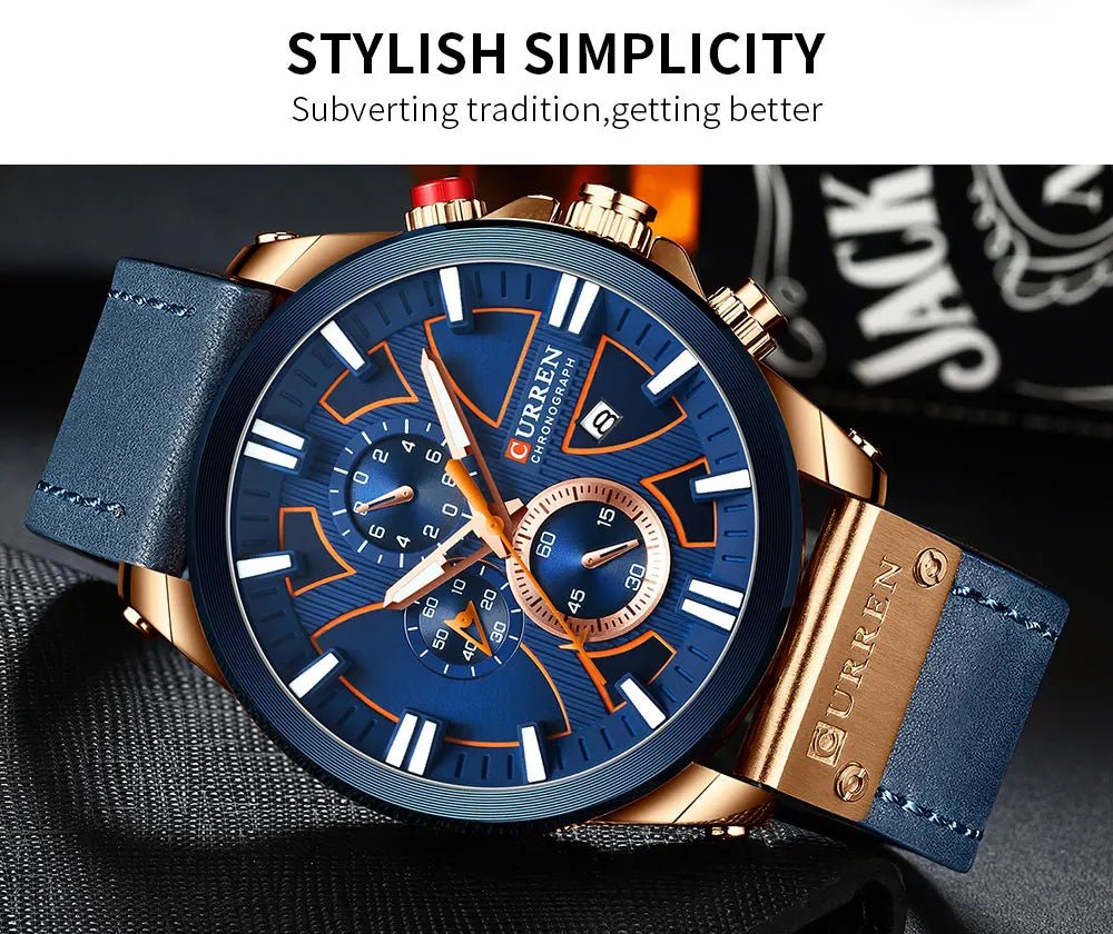 Curren 8346 Blue Dial Blue Leather Strap Chronograph Analog Quartz Men's Watch. - Timecheck